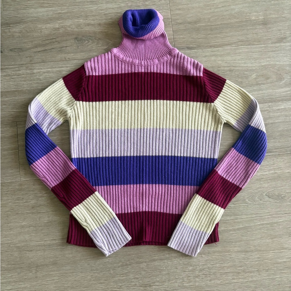 Au Coton Striped Ribbed Turtleneck Sweater